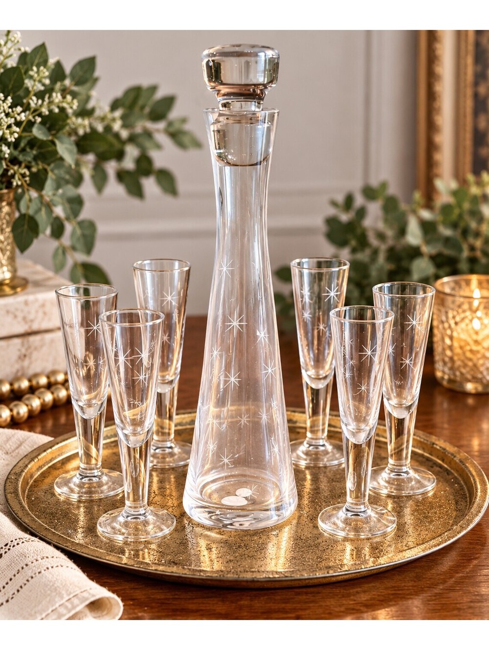 Classic Elements Starburst Glass Decanter Cordial Set 7 Piece